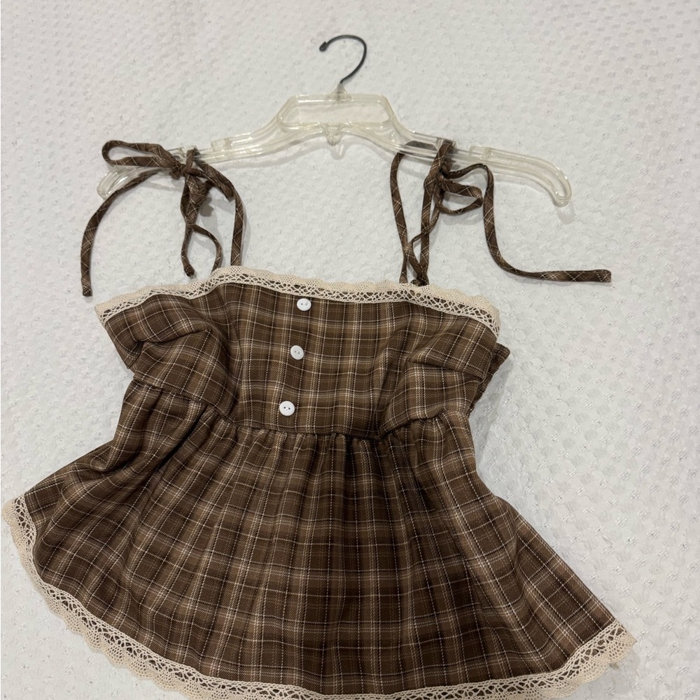 SHEIN Brown Plaid Tie-Strap Tank Top with Lace Trim
